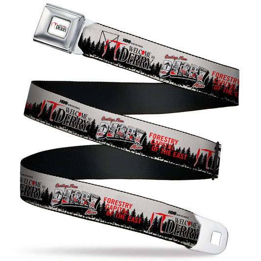 IT WELCOME TO DERRY Title Logo Full Color White Seatbelt Belt - IT WELCOME TO DERRY Icons and Forest Scenery White/Black/Red Webbing