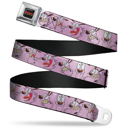 COURAGE THE COWARDLY DOG Title Logo Full Color Black/Red/Green Seatbelt Belt - Courage Five Poses Pink Webbing
