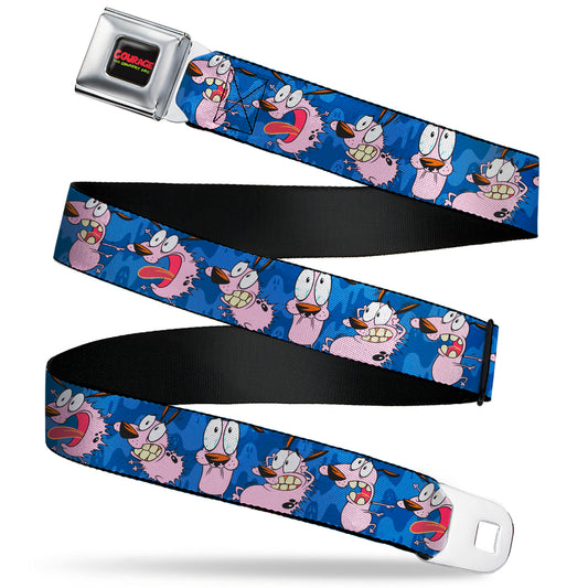 COURAGE THE COWARDLY DOG Title Logo Full Color Black/Red/Green Seatbelt Belt - Courage the Cowardly Dog Expression Poses Blues Webbing