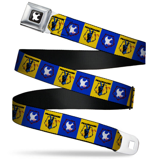 Peacemaker Dove Logo Full Color Black/White Seatbelt Belt - PEACEMAKER Peace Signal and Dove Symbol Blocks Blue/Yellow Webbing