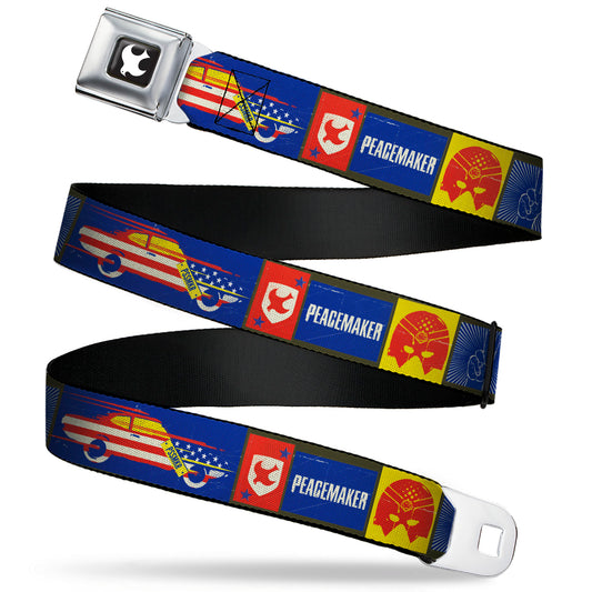 Peacemaker Dove Logo Full Color Black/White Seatbelt Belt - PEACEMAKER Icon Blocks Blue/Yellow/Red Webbing