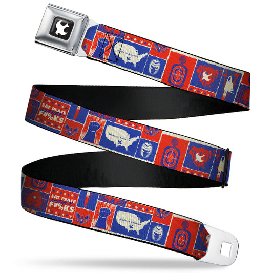 Peacemaker Dove Logo Full Color Black/White Seatbelt Belt - Peacemaker EAT PEACE Icons Collage Blue/Red/White Webbing