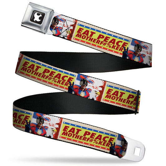Peacemaker Dove Logo Full Color Black/White Seatbelt Belt - Peacemaker EAT PEACE Pose and Quote Yellows/Blue/Reds Webbing