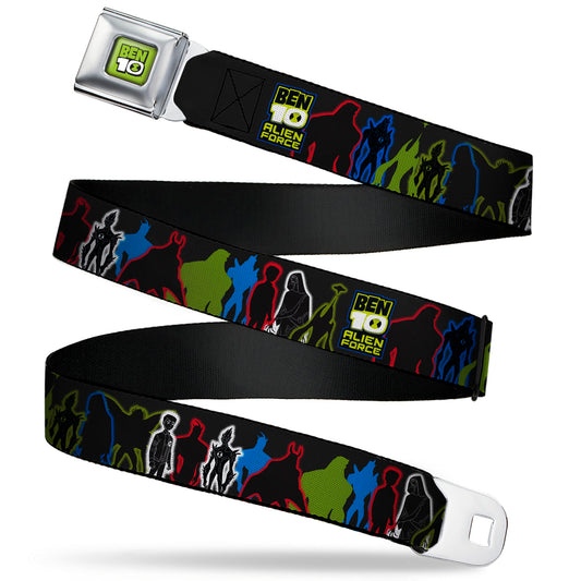 BEN 10 Title Logo Full Color Green/Black/White Seatbelt Belt - BEN 10 ALIEN FORCE Character Silhouette Group Pose Black/Multi Color Webbing