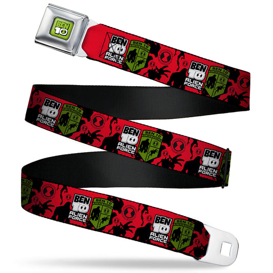 BEN 10 Title Logo Full Color Green/Black/White Seatbelt Belt - BEN 10 ALIEN FORCE Badge and Character Collage Red/Black/White/Green Webbing
