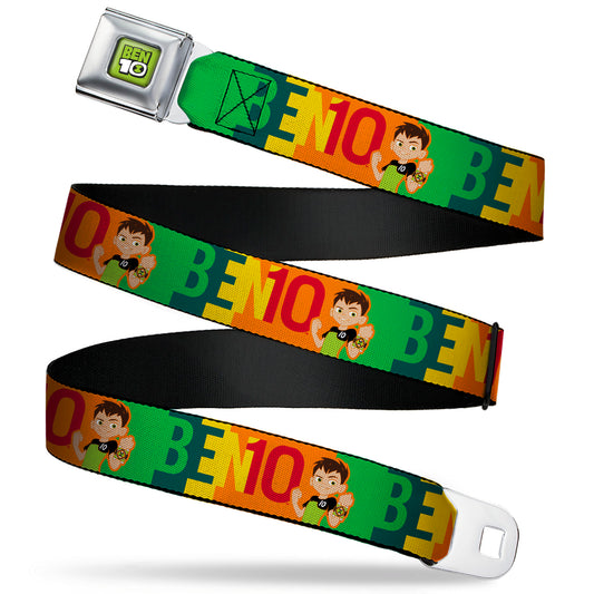 BEN 10 Title Logo Full Color Green/Black/White Seatbelt Belt - BEN 10 Pose and Text Blocks Multi Color Webbing