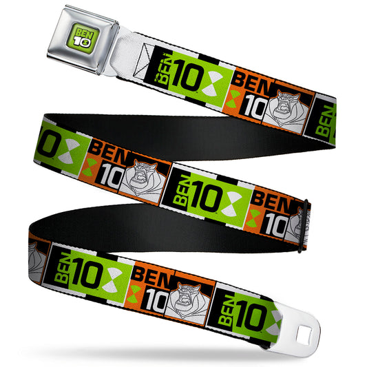 BEN 10 Title Logo Full Color Green/Black/White Seatbelt Belt - BEN 10 Rath and Title Logo Blocks Orange/Green/Black/White Webbing