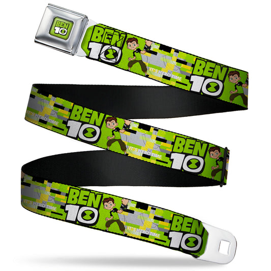 BEN 10 Title Logo Full Color Green/Black/White Seatbelt Belt - BEN 10 Pose and Title Logo Green/Yellow/Black/White Webbing