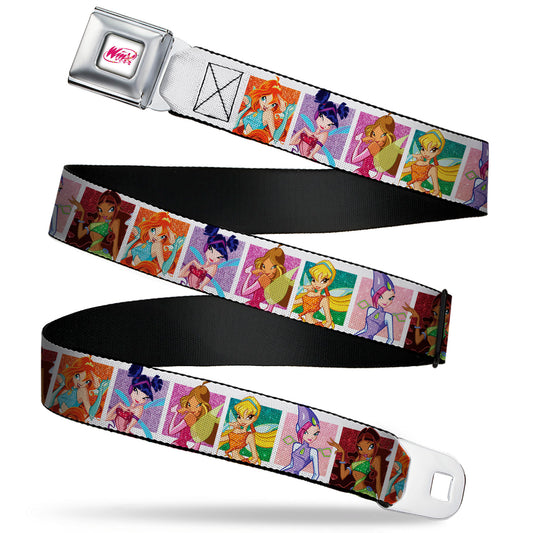 WINX CLUB Title Logo Full Color White/Pink Seatbelt Belt - Winx Club Fairies Pose Blocks White/Multi Color Webbing