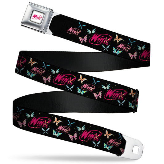 WINX CLUB Title Logo Full Color White/Pink Seatbelt Belt - WINX CLUB Title Logo Butterflies Black/Multi Color Webbing