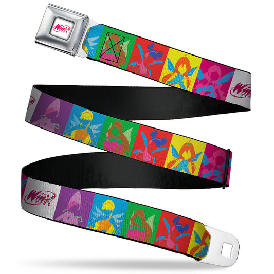 WINX CLUB Title Logo Full Color White/Pink Seatbelt Belt - WINX CLUB Fairy Silhouette Poses and Title Logo Blocks White/Multi Color Webbing