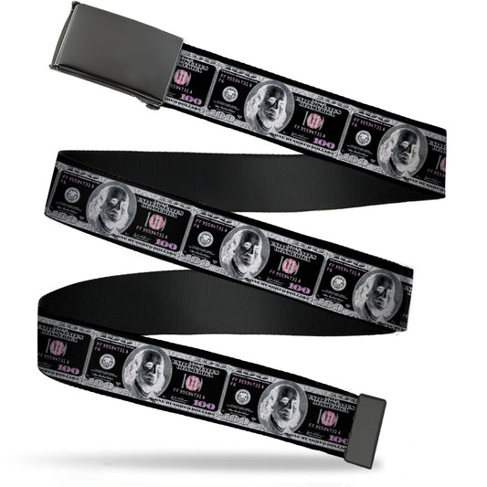 Web Belt Blank Black Buckle - 100 Dollar Bill X-Ray Black/White Webbing