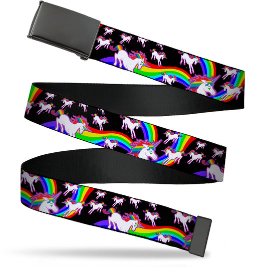Web Belt Blank Black Buckle - Unicorns/Rainbow Swirl Black Webbing