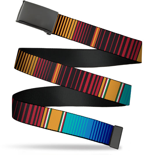 Web Belt Blank Black Buckle - Zarape6 Vertical Stripe Gold/Blues/Black/Red Webbing