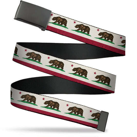 Web Belt Blank Black Buckle - California Flag Bear Weathered White Webbing