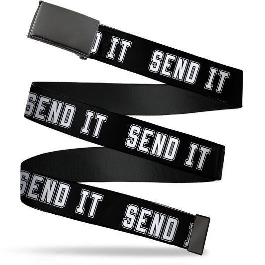 Black Buckle Web Belt - SEND IT Black/White Webbing