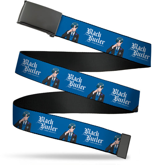 Web Belt Blank Black Buckle - BLACK BUTLER Lawrence Bluewer Pose and Title Logo Blue Webbing