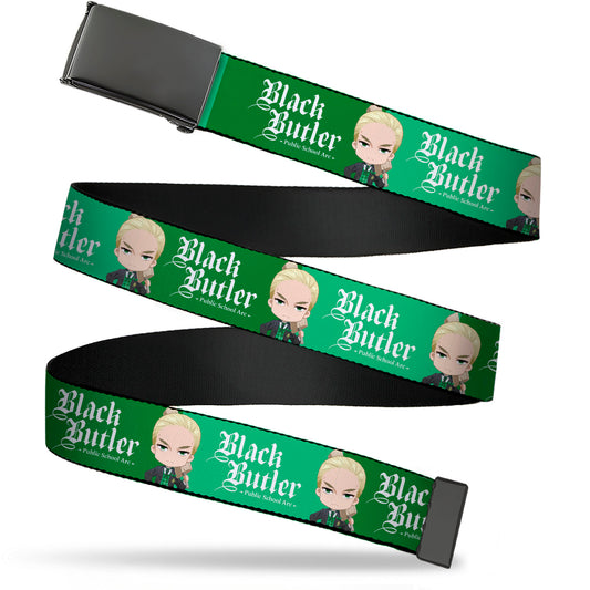 Web Belt Blank Black Buckle - BLACK BUTLER Chibi Herman Greenhill Pose and Title Logo Greens Webbing