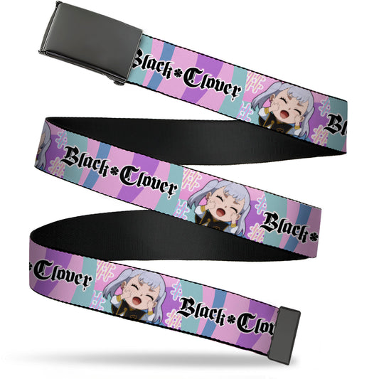 Web Belt Blank Black Buckle - BLACK CLOVER Chibi Noelle Hash Tag Pose and Title Logo Multi Color Webbing