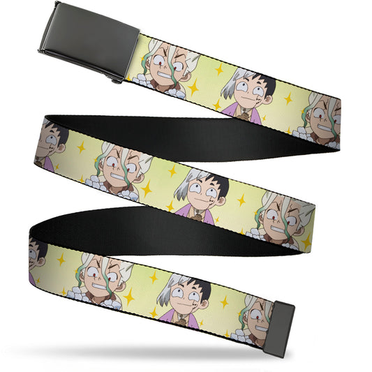 Web Belt Blank Black Buckle - Dr. Stone Chibi Senku and Gen Faces Stars Yellows Webbing