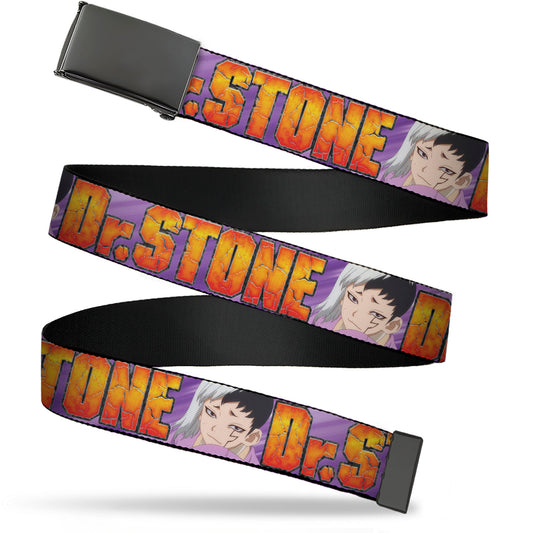 Web Belt Blank Black Buckle - DR. STONE Title Logo and Gen Asagiri Face Purples Webbing