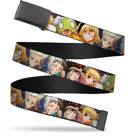 Web Belt Blank Black Buckle - Dr. Stone Character Group Faces Close-Up Webbing