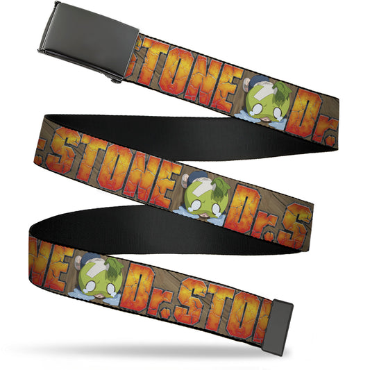 Web Belt Blank Black Buckle - DR. STONE Title Logo and Suika Crying Pose Browns Webbing