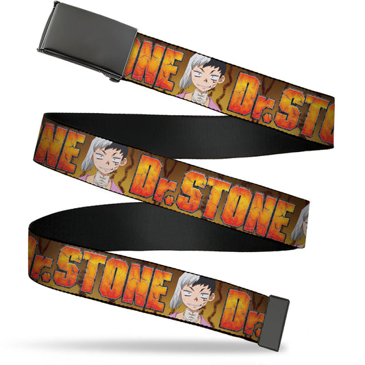 Web Belt Blank Black Buckle - DR. STONE Title Logo and Gen Asagiri Expression Orange Webbing