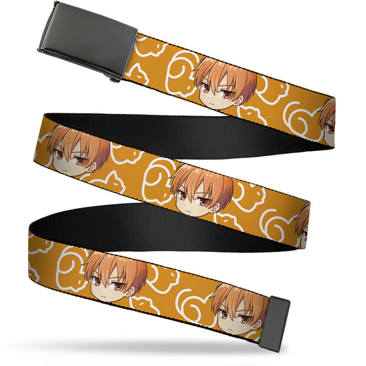 Web Belt Blank Black Buckle - Fruits Basket Chibi Kyo Soma Face and Kimono Cat Icon Orange/White Webbing