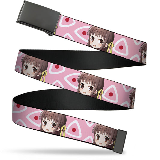 Web Belt Blank Black Buckle - Fruits Basket Chibi Tohru Honda Face and Kimono Rice Ball Icon Pink/White/Red Webbing