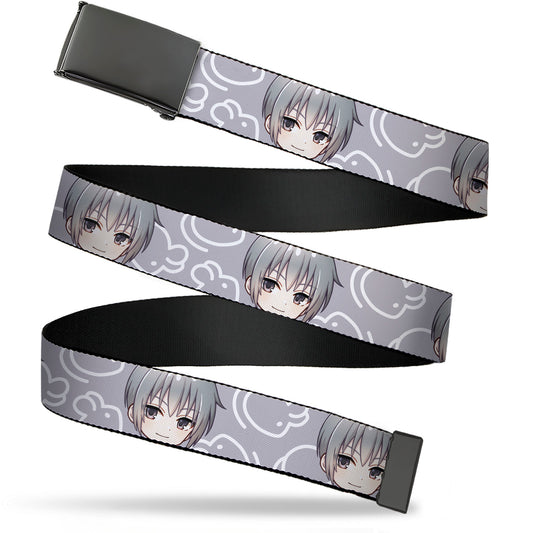 Web Belt Blank Black Buckle - Fruits Basket Chibi Yuki Soma Face and Kimono Rat Icon Gray/White Webbing