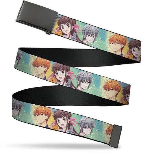 Web Belt Blank Black Buckle - Fruits Basket Kyo Tohru Yuki Group Pose Greens/Blues Webbing