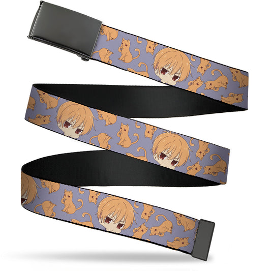 Web Belt Blank Black Buckle - Fruits Basket Chibi Kyo Soma and Cat Scattered Blue/Orange Webbing