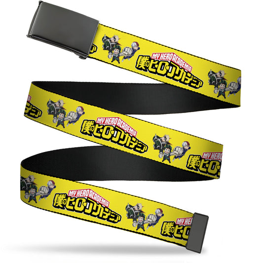 Web Belt Blank Black Buckle - MY HERO ACADEMIA Character Trio Pose and Title Logo Yellow Webbing