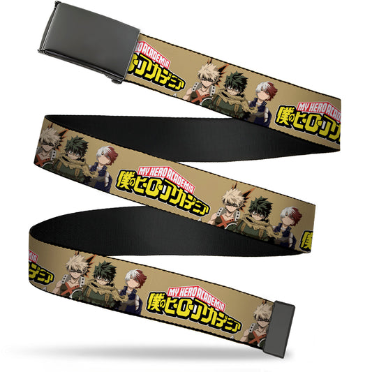 Web Belt Blank Black Buckle - MY HERO ACADEMIA Character Trio Pose and Title Logo Tan Webbing