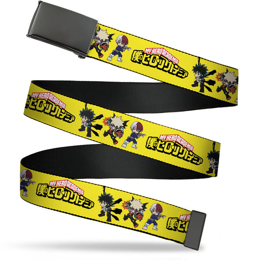 Web Belt Blank Black Buckle - MY HERO ACADEMIA Chibi Trio Action Poses and Title Logo Yellow Webbing