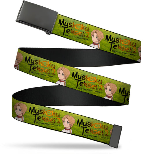 Web Belt Blank Black Buckle - MUSHOKU TENSEI Rudeus Greyrat Pose and Title Logo Green Webbing