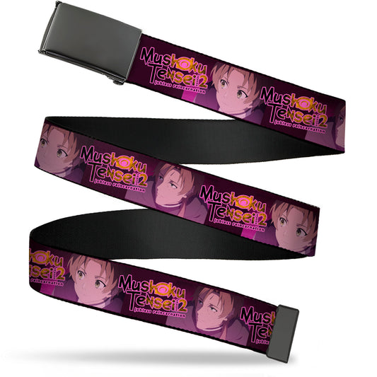 Web Belt Blank Black Buckle - MUSHOKU TENSEI Rudeus and Paul Pose and Title Logo Pinks Webbing