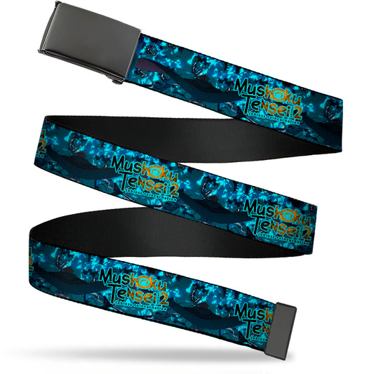 Web Belt Blank Black Buckle - MUSHOKU TENSEI Manatite Hydra Magic Crystal Battle Scene and Title Logo Blues Webbing