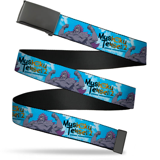 Web Belt Blank Black Buckle - MUSHOKU TENSEI Badigadi Flex Pose and Title Logo Blue Webbing