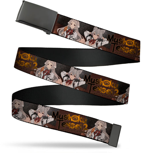 Web Belt Blank Black Buckle - MUSHOKU TENSEI Pursena and Minitona Pose and Title Logo Brown Webbing