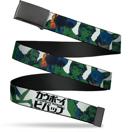 Web Belt Blank Black Buckle - COWBOY BEBOP Crew Group Pose and Title Logo White/Black/Greens Webbing