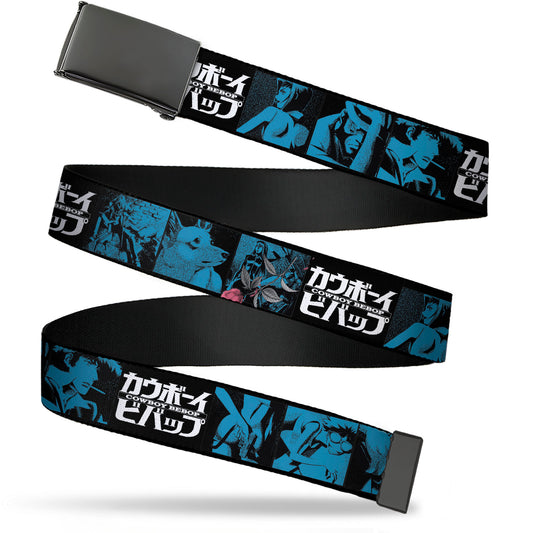 Web Belt Blank Black Buckle - COWBOY BEBOP Title Logo and Character Blocks Black/Blues Webbing