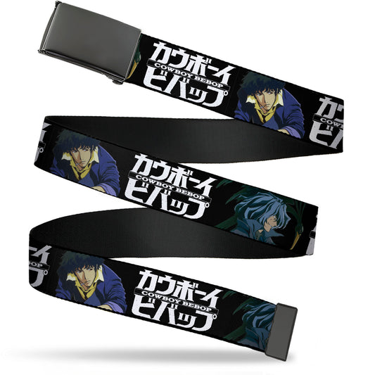 Web Belt Blank Black Buckle - COWBOY BEBOP Spike and Vicious Pose and Title Logo Black/Blues Webbing