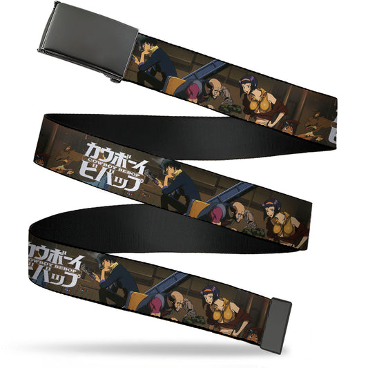 Web Belt Blank Black Buckle - COWBOY BEBOP Jet Black and Crew Bonsai Tree Scene and Title Logo Webbing