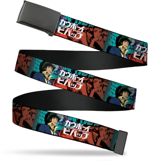 Web Belt Blank Black Buckle - COWBOY BEBOP Spike and Faye Brick Pose and Title Logo Blues/Reds Webbing