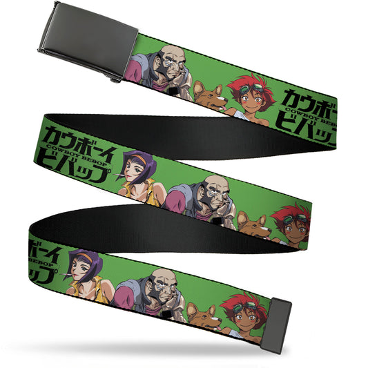 Web Belt Blank Black Buckle - COWBOY BEBOP Crew Group Pose and Title Logo Green/Black Webbing