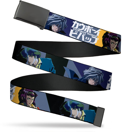 Web Belt Blank Black Buckle - COWBOY BEBOP Spike Vicious and Faye Pose and Title Logo Blues/Yellow Webbing