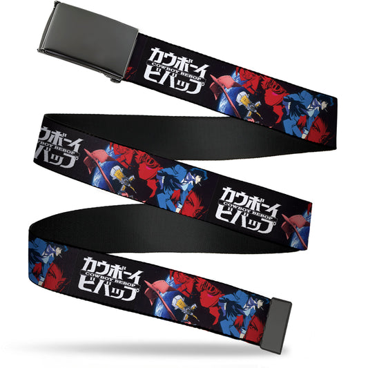 Web Belt Blank Black Buckle - COWBOY BEBOP Spike Pose and Crew Collage and Title Logo Black Webbing