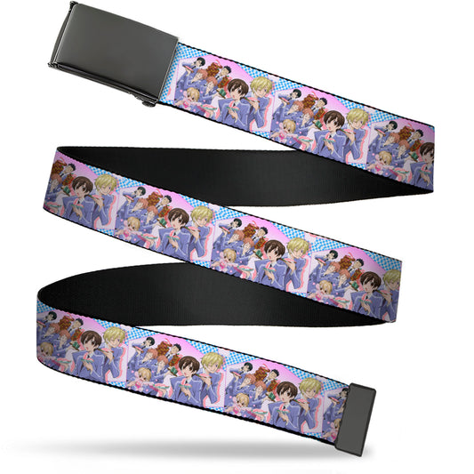 Web Belt Blank Black Buckle - Ouran High School Host Club Seven Character Sushi Dining Pose Pink/Blue Webbing